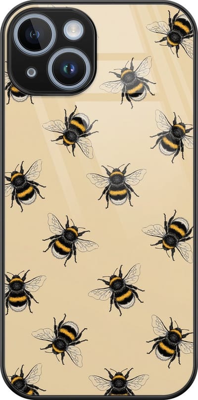 Hoesje geschikt voor iPhone 14 - Bijen print - Luxe Glazen Hardcase - Hippe print - Geel - Leuke Telefoonhoesjes