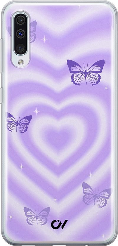 Hoesje geschikt voor Samsung Galaxy A50 - Retro Hart Vlinder - - Paars - Soft Case Telefoonhoesje - TPU Back Cover - Casevibes