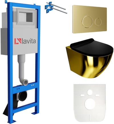 LAVITA® Inbouwreservoir Complete Toiletset LAV 101 - Inbouw WC Hangtoilet Wandcloset SOFI SLIM GOLD BLACK - Bedieningsplaat 200.4.5 Gouden - Voorwandelement voor toilet 40cm - Installatiesysteem
