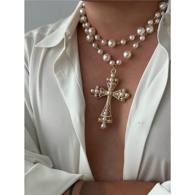 Heren Modieuze Faux Parel & Koperen Kruis Hanger Dubbele Laag Ketting, Barok Stijl, Geschikt voor Dagelijks Gebruik, Feest & Bijeenkomst Pearl Cross Necklace&one-size goud