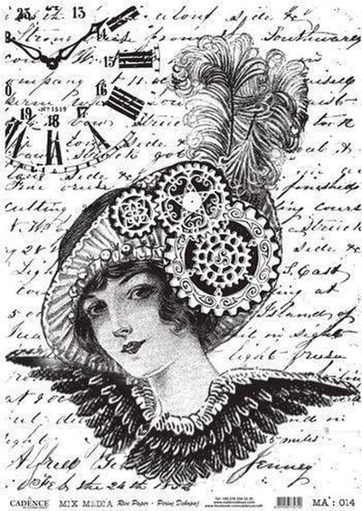 Cadence rijstpapier dame - tandwiel - klok - zwart Model No: 014  30x42cm