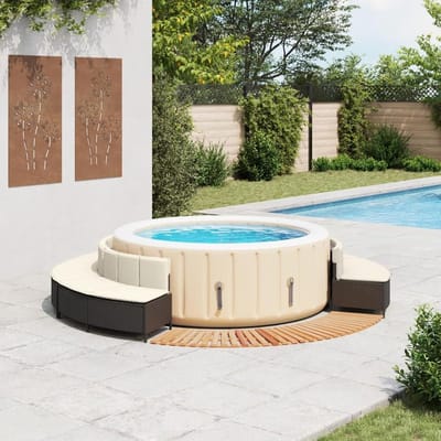 SpaElite Pro Whirlpool Ombouw met Opbergruimte, Zitbanken en Instap 200x200x55 cm Zwart Polyrotan & Acaciahout Modulair Weerbestendig voor Jacuzzi en Zwembad