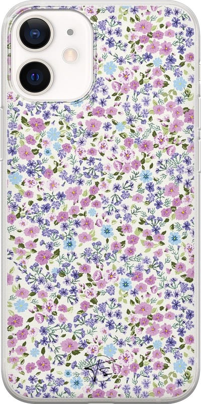 Hoesje geschikt voor iPhone 12 Mini - Paarse bloemen - Soft Case - TPU - Bloemen - Paars - Mooie Telefoonhoesjes