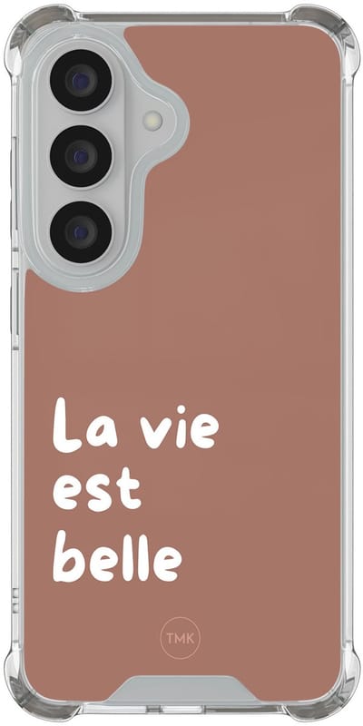 Shockproof hoesje geschikt voor Samsung Galaxy S26 - La vie est belle - Schokbestendig - Verhoogde randen - TPU case - Extra Sterke Back Cover - Tekst - Transparant, Bruin