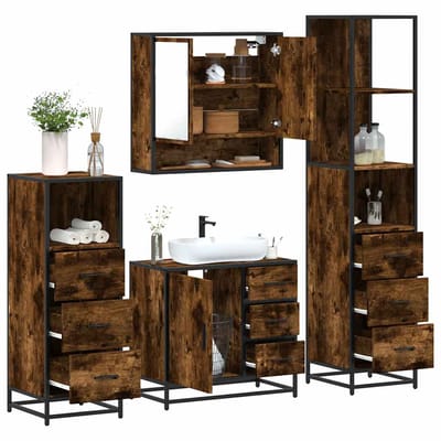 vidaXL - 4-delige - Badkamermeubelset - bewerkt - hout - gerookt - eikenkleurig