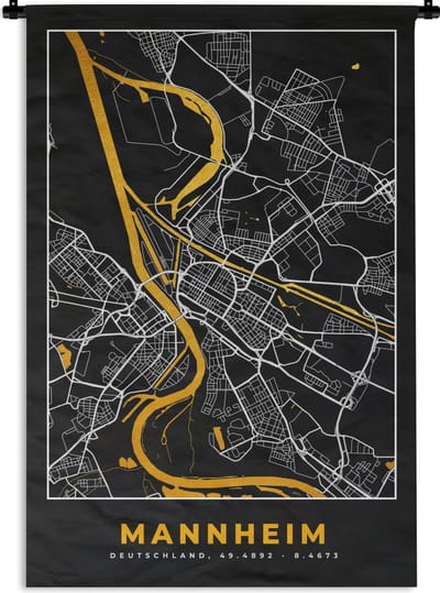 Wandkleed - Wanddoek - Mannheim - Goud - Plattegrond - Stadskaart - Kaart - Duitsland - 120x180 cm - Wandtapijt