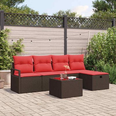 vidaXL - Bankstel - 6 - st - 5-Aantal - zitplaatsen - Bruin - en - Rood - poly - rattan