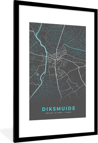 Fotolijst incl. Poster - Plattegrond – Diksmuide – Blauw – Stadskaart - Kaart - 80x120 cm - Posterlijst
