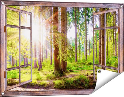 Gards Tuinposter Doorkijk Bos met Zon tussen de Bomen - 90x60 cm - Tuindoek - Tuindecoratie - Wanddecoratie buiten - Tuinschilderij