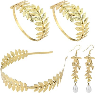 Griekse Godin Kostuum Accessoires Set met Gouden Bladeren, Armbanden en Parels voor Bruiloft en Feestelijke Gelegenheden