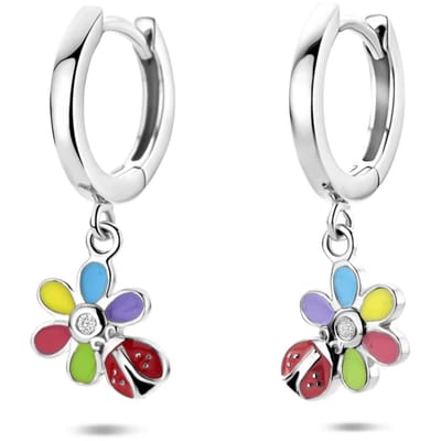 Zilveren gerhodineerde oorringen zirkonia bloem en lieveheersbeestje 22 mm - 1341433