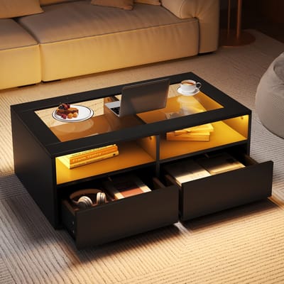 REDOM Salontafel met LED – 100x50x35 cm – Gehard glas & spaanplaat – 2 lades & 2 open vakken – Hoogglans zwart – Moderne woonkamertafel