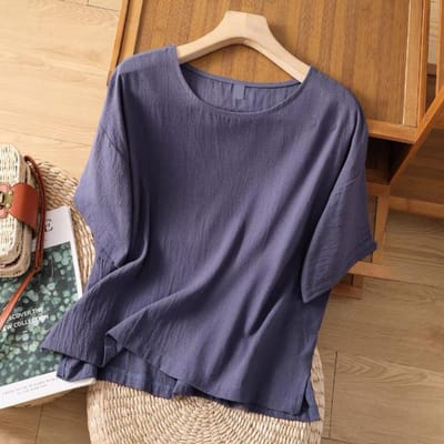 Nieuwe Zomer Katoen en Linnen Dames Tops Grote Maten Literair Pullover Casual Los T-shirt Tops met Korte Mouwen M gray