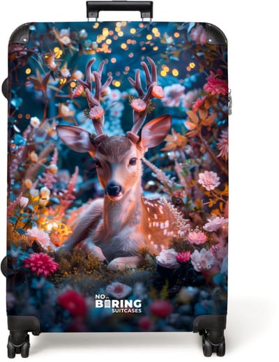 NoBoringSuitcases.com® - Koffer groot - Reiskoffer lichtgewicht - Hert met groot gewei tussen bloemen en lichtjes - Rolkoffer met 4 wielen - Grote trolley XL - 98 liter bagage