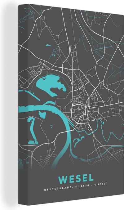 Canvas Schilderij Duitsland – Blauw – Wesel – Stadskaart – Kaart – Plattegrond - 20x30 cm - Wanddecoratie