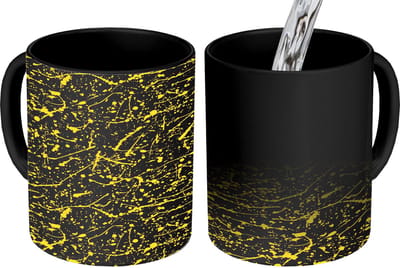 Magische Mok - Foto op Warmte Mokken - Koffiemok - Spat - Abstract - Waterverf - Stippen - Geel - Zwart - Magic Mok - Beker - 350 ML - Theemok