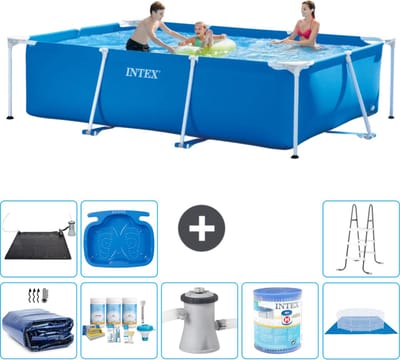 Intex Rechthoekig Frame Zwembad - 300 x 200 x 75 cm - Blauw - Inclusief Solarzeil - Onderhoudspakket - Zwembadfilterpomp - Filter - Grondzeil - Solar Mat - Ladder - Voetenbad - 9-delig