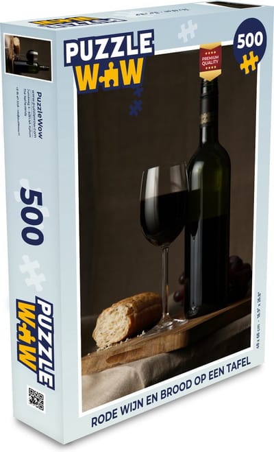 Puzzel Rode wijn en brood op een tafel - Legpuzzel - Puzzel 500 stukjes