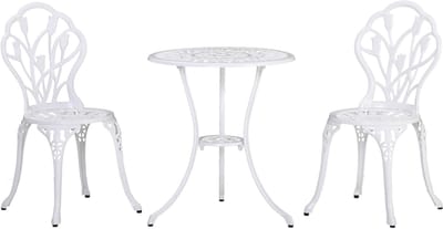 Killogood Tuin Loungeset 2 Plaatsen 2 stoelen + Ronde Tafel Gietaluminium Smeedijzer Imitatie Wit