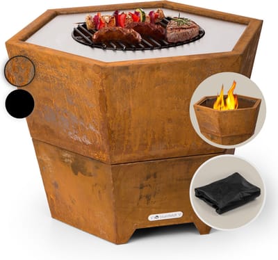Blumfeldt Vuurschaal met grillrooster, Outdoor stalen vuurschaal groot voor balkon & camping, Mobiele vuurschaal 60 cm, Vuurschalen met standvoet, Weerbestendige vuurschaal, Zeshoekige vuurhaard