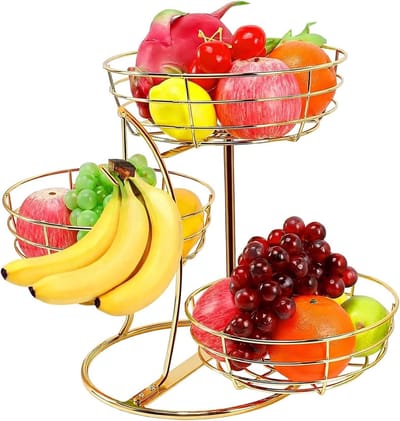 Fruitmand - Keuken Organizer - Producten Opbergen - Met Bananenhanger - 44x30cm - Goud