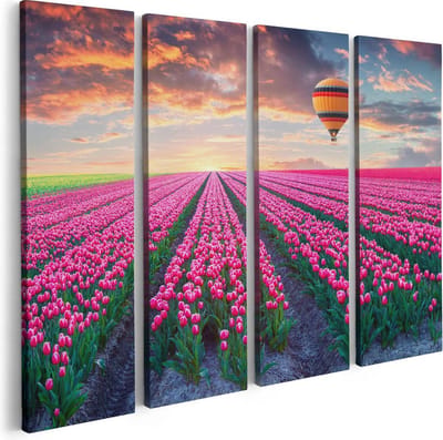 Artaza Canvas Schilderij Vierluik Bloemenveld Met Roze Tulpen - Luchtballon - 80x60 - Foto Op Canvas - Canvas Print