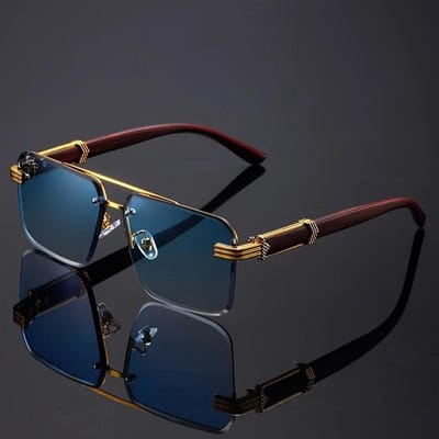 Dames frameloze dubbele balk stijlvolle zonnebril gouden rand houtlook beugel voor mannelijke en vrouwelijke bestuurders zwarte glazen 1PC black