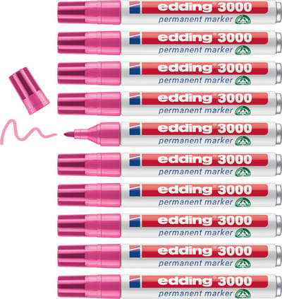 edding 3000 permanent marker - roze - 10 stiften - ronde punt 1,5-3 mm - sneldrogende permanent marker - water- en wrijfvast - voor karton, kunststof, hout, metaal - universele marker