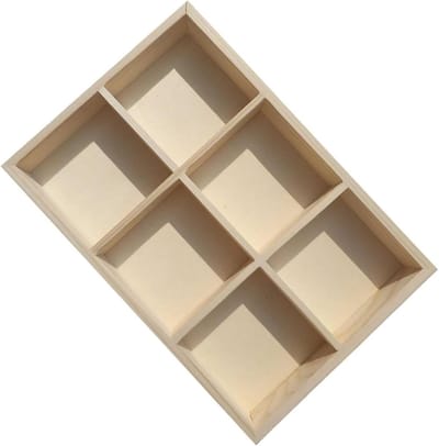 Houten Pigmentdoos - Verfdoos Opberger - Ambachtelijke Opslag - 6 Raster Structuur - 16 x 16 x 3 cm - Khaki