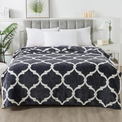 Dikke Fleece Deken 220x240 cm Grijs met Wit Patroon - Zacht en Warm Omkeerbare Plaid voor Dubbel Bed of Sofa