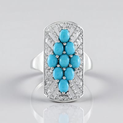 Cavill - Zilveren Ring 925 Platina Coating - 1,438 ct Sleeping Beauty Turkoois Ovaal Cabochon - 0,373 ct Zirkonia Pave Luxe Moderne Ring Dames