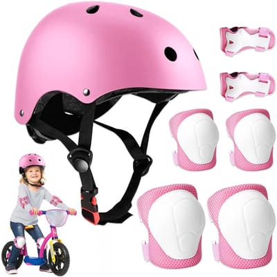 Roze 7-delige Complete Kinder Sportbeschermset Maat S, Helm passend voor hoofdomtrek 51-54cm + 2 kniebeschermers + 2 polsbeschermers + 2 handbeschermers, PP hardschaal met dikke schuimvulling voor skeeleren, skateboard en kinderfietsen