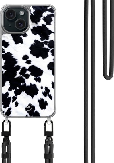 Hoesje met koord geschikt voor iPhone 15 - Koeienprint - Inclusief zwart koord - Crossbody beschermhoes - Transparant, Zwart, Wit - Mooie Telefoonhoesjes