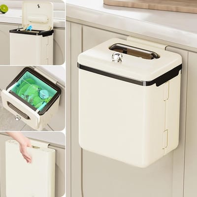 Hangende vuilnisemmer 9 liter met deksel voor keuken, camping, badkamer - opvouwbaar en wandmontage - afvalemmer in crèmewit - handige compostemmer.