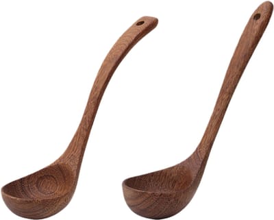 2-delige set - Gebogen soeplepel + rechte lepel - Gemaakt van kippenvleugelhout - Ongeverfde huishoudlepels - Keukengerei - Bruin