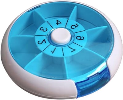 Roterende Medicijnbox met 7 Compartimenten voor Wekelijkse Tablettenopslag, Draagbaar en Handig voor Medicijnen, Blauw