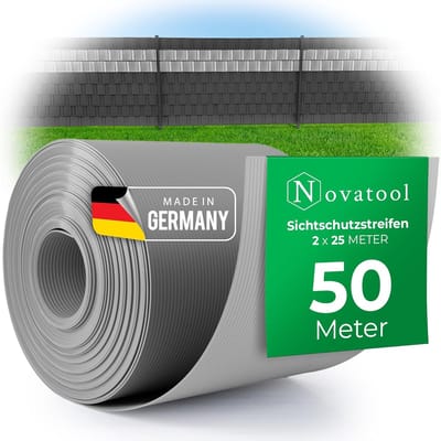 Novatool Premium PP 50m rollen privacy strips voor dubbelstaafmat hekwerk raam GRIJS voor 20 rijen staafmat hekwerk privacy strips duurzame en weerbestendige hekwerk elementen privacy scherm