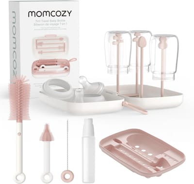 Momcozy 7-in-1 Babyfles Reinigingsset (Roze) – Baby Bottle Cleaner Kit met Siliconen Borstel, Speen- & Rietjesborstels, Zeepdispenser & Droogrek – Draagbare Babyfles Schoonmaakset voor Thuis & Reizen