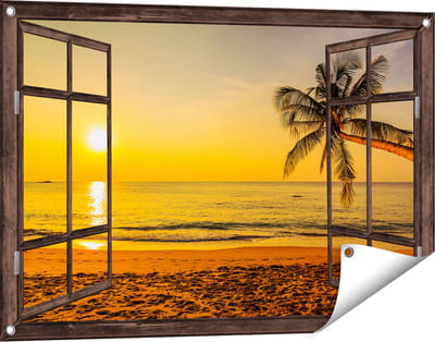 Gards Tuinposter Doorkijk Tropisch Strand tijdens Zonsondergang - 90x60 cm - Tuindoek - Tuindecoratie - Wanddecoratie buiten - Tuinschilderij