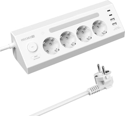SnelShoppen - 4-voudige Hoekstekkerdoos met 3 USB-poorten, Tafelstopcontact met USB C, Bureau Stekkerdoos met Licht, 2 meter, Wit - Perfect voor Thuis