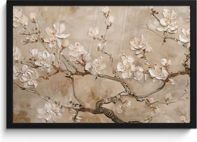 Poster in lijst - Fotolijst 60x40 cm - Posters - Bloemen - Modern - Beige - Wit - Bloesem - Posterlijst zwart - Decoratie - Wanddecoratie woonkamer - Muurdecoratie slaapkamer
