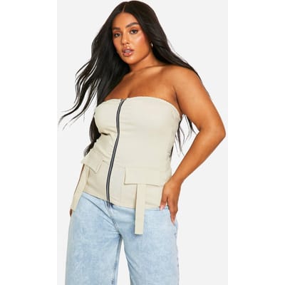 boohoo Dames Plus Bandeau Top met Ritssluiting en Zakdetail | Kiezelsteen | Maat: 56