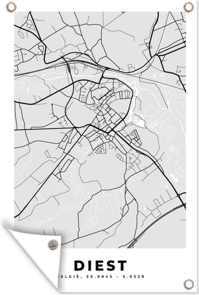 Muurdecoratie Plattegrond – Diest – Zwart Wit – Stadskaart - Kaart - 120x180 cm - Tuinposter - Tuindoek