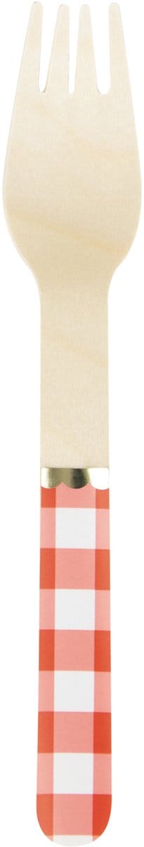 PARTYPRO - 8 houten vorken rood en goud geblokt 15,5 cm