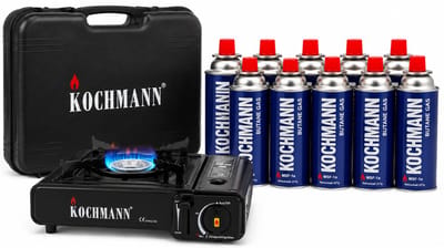 Kochmann Draagbare Gaspit Set incl 8x Butaangas Bus 227g – Camping Kooktoestel met Draagkoffer – Gasbrander Campingkooktoestel 2800W – Outdoor Koken - Kamperen - Caravan - Camper - Tent - Visvakantie - Festival - Survival - Noodpakket & Stroomuitval