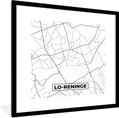 Fotolijst incl. Poster Zwart Wit- België – Lo Reninge – Stadskaart – Kaart – Zwart Wit – Plattegrond - 40x40 cm - Posterlijst