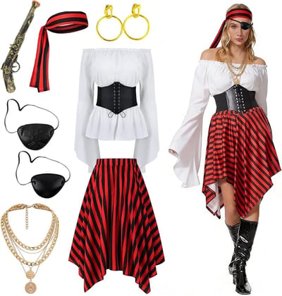 Vrouwelijk Piratenkostuum met Witte Blouse, Rode Rok, Korset en Accessoires voor Carnaval en Cosplay