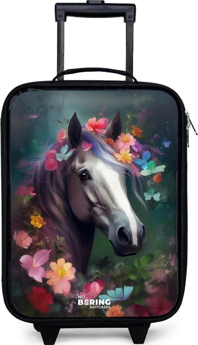 NoBoringSuitcases.com® - Kinderkoffer jongen - Kindertrolley meisje - Paard in kleurrijke bloemen - Koffer kind lichtgewicht - Reiskoffer trolley voor kinderen - Koffertje met lichtgevende wieltjes - Rolkoffer zwart