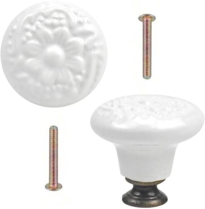 Meubelknoppen Set Wit Keramiek met Bloem - 2x Witte ronde Kastknop met schroef - Vintage/Antiek handgreep voor deur en lade