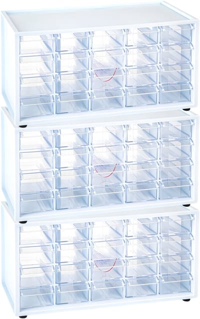 Plasticforte Sorteerbakjes spijkers/schroeven - 3x - 20 lades - 16 x 38 x 20 cm - opbergkastjes - ophangbaar - wit/transparant